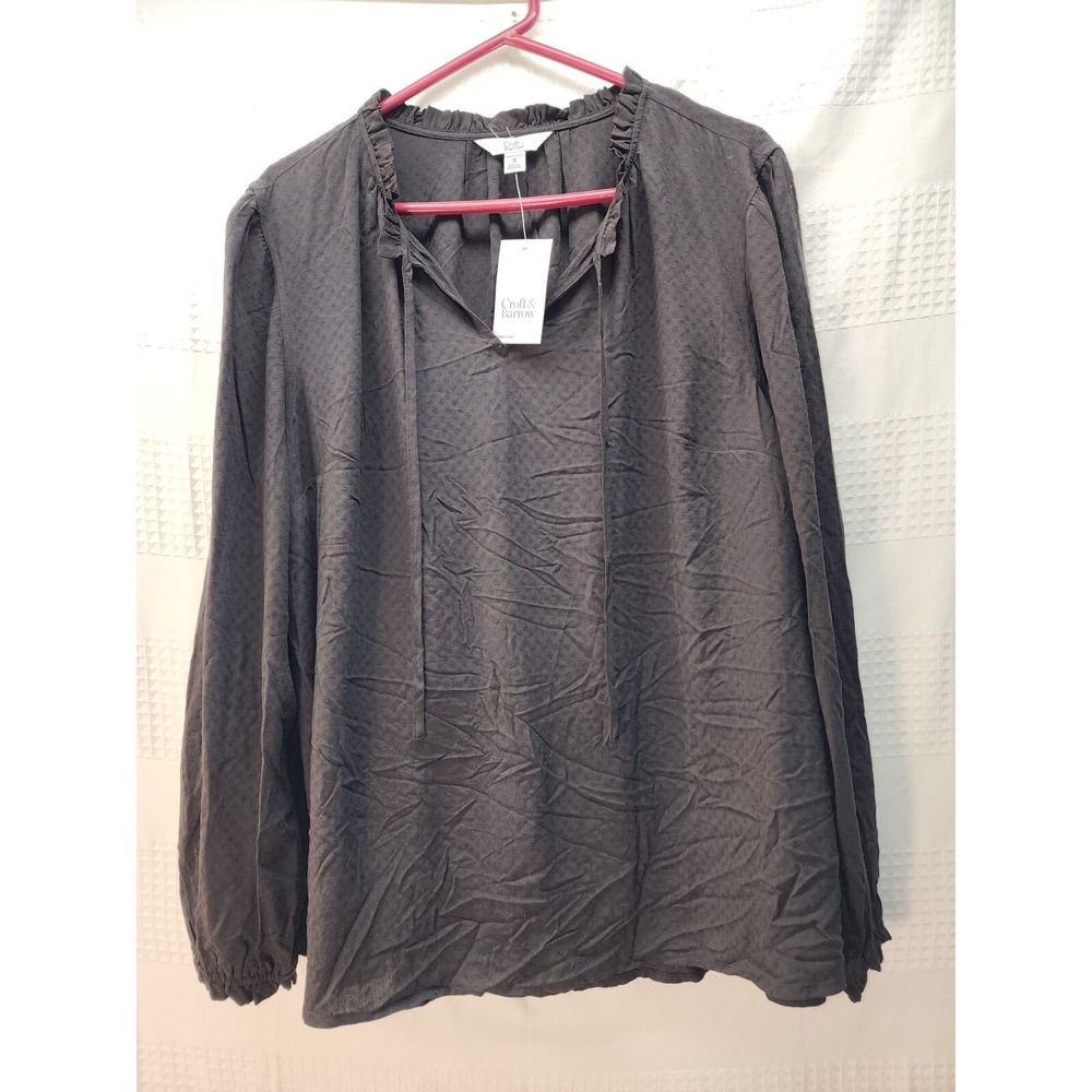 Croft And Barrow Womens Blouse Plus Sz 1XL Blk Long Sleeve Peasant Henley